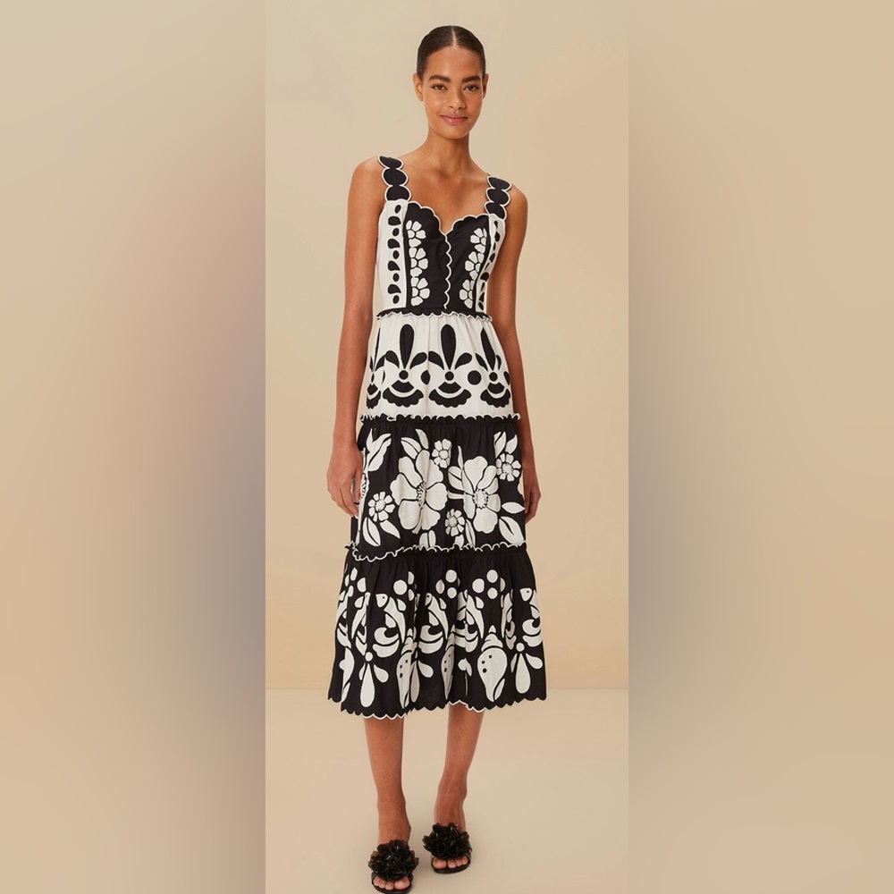 FARM Rio Black and White Floral Midi Dress